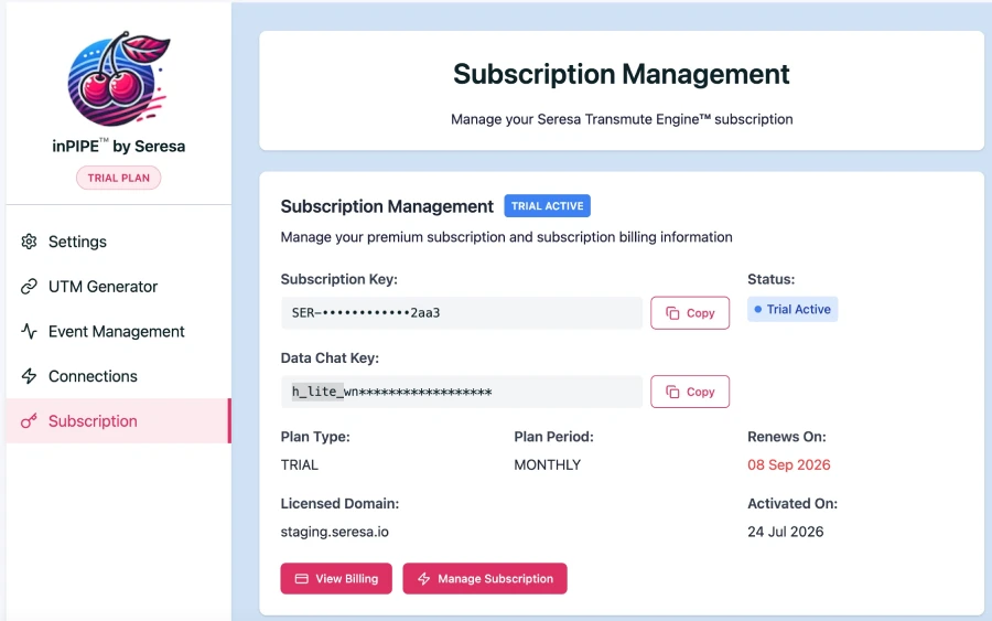 inPIPE Subscription Management screen showing where to copy the Data Chat Key