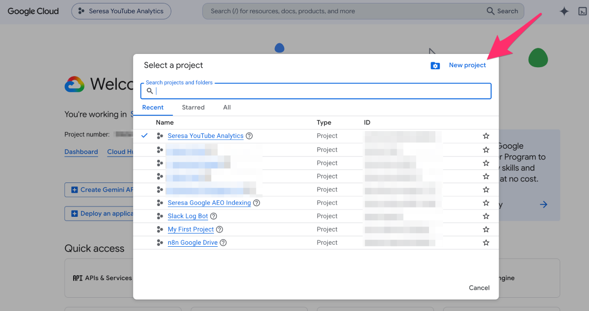 Google Cloud Console project picker: select an existing project or click New project