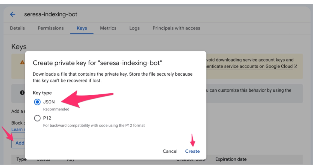 Create private key dialog with JSON selected, then click Create