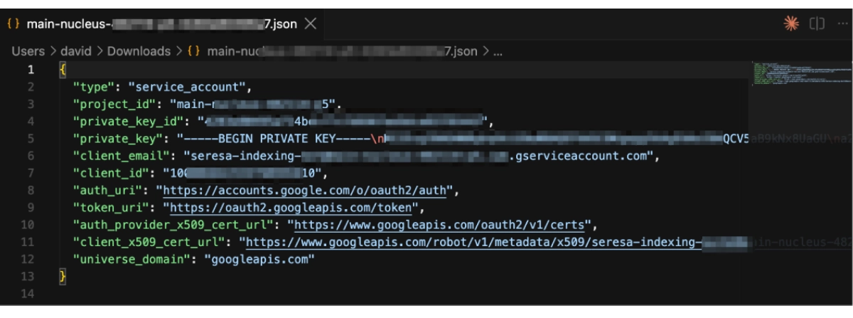Example of a downloaded service account JSON key file, with the sensitive values hidden