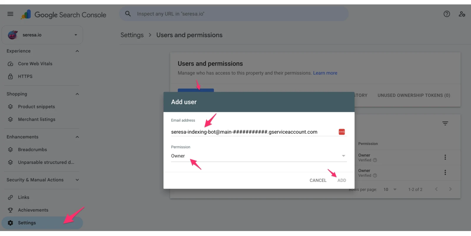 Google Search Console Add user dialog: the service account email pasted in with the Owner permission selected