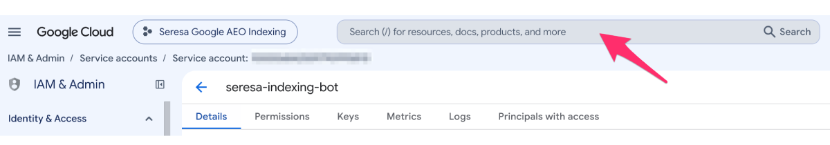 Type Indexing API into the Google Cloud Console search bar at the top of the page