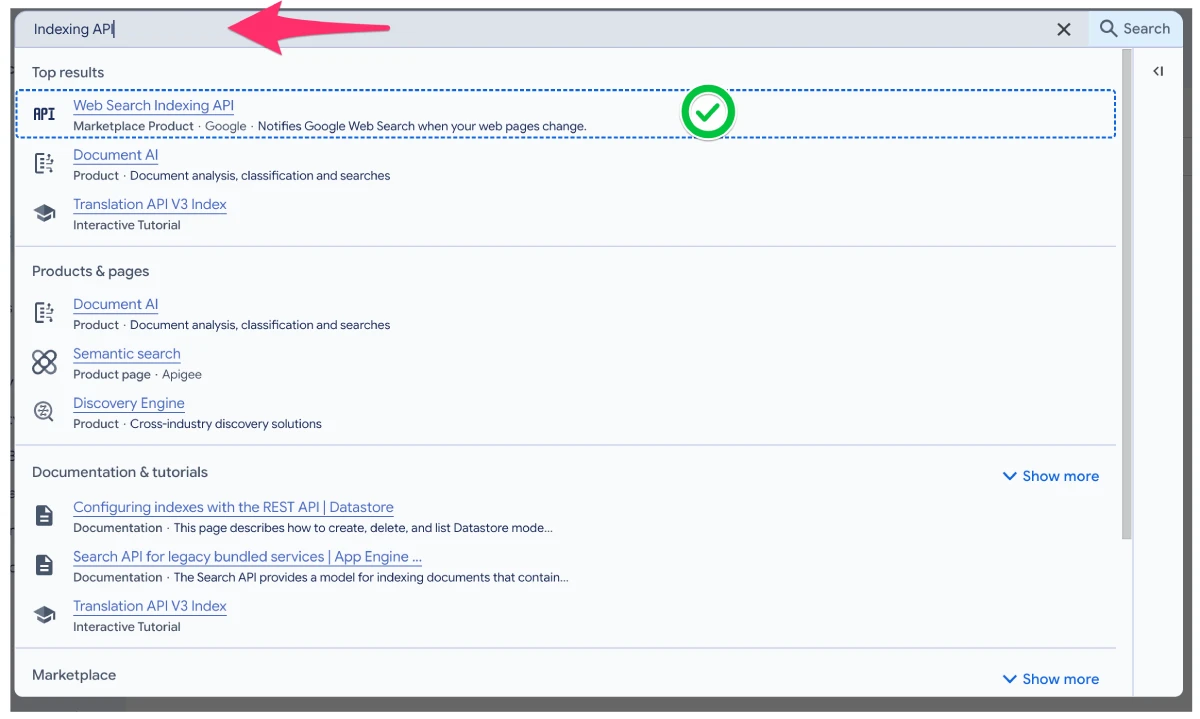Search results showing Web Search Indexing API as the top result
