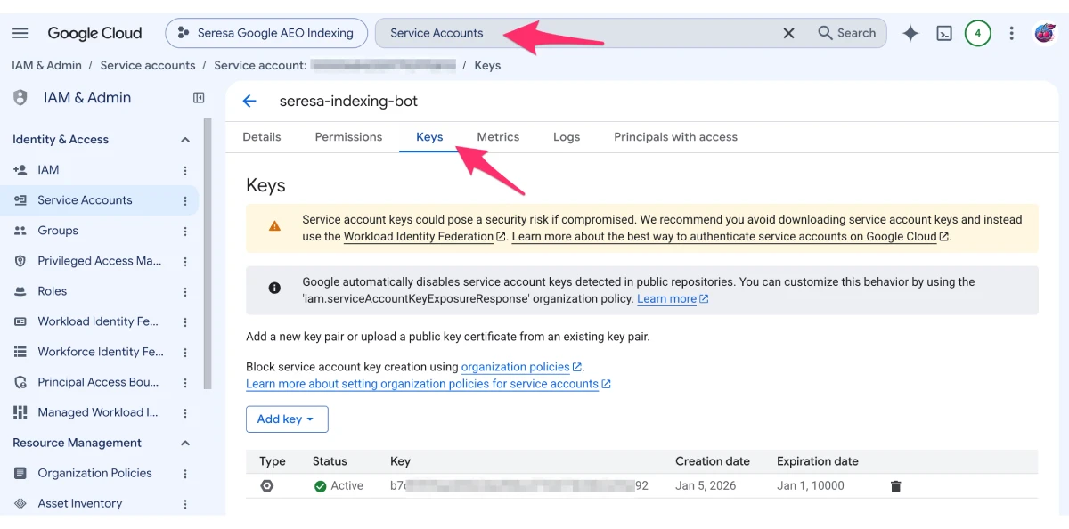 Service account Keys tab with the Add key button